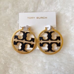 TORY BURCH AUTHENTIC GOLD MILLER DEEP GREEN LEATHER HOOP EARRINGS NWOT